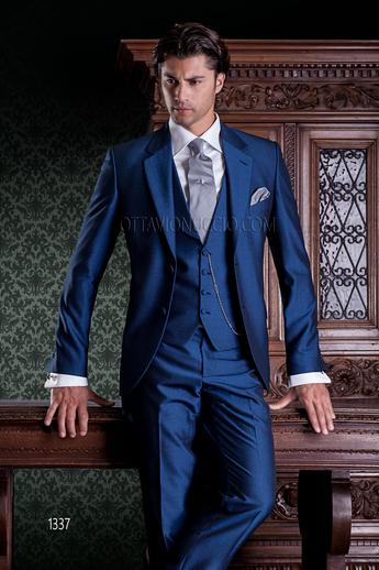 ONGala 1337 - Abito per cerimonia blu elettrico con gilet monopetto sciallato