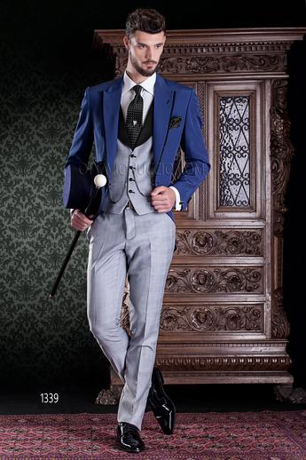 ONGala 1339 - Abito da sposo giacca blu elettrico con gilet e pantalone Principe di Galles
