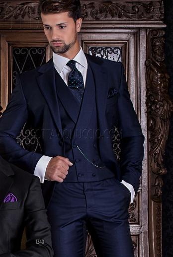 ONGala 1340 - Abito classico 2 bottoni blu con gilet doppiopetto coordinato in lana