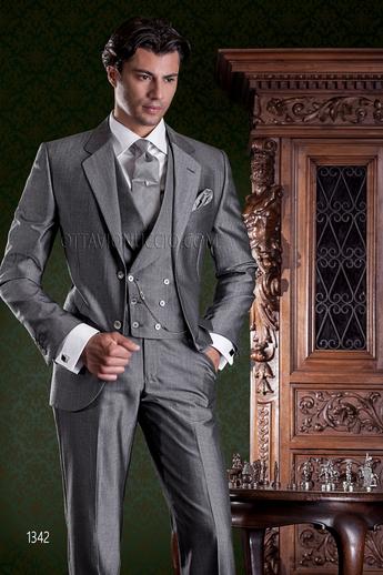 ONGala 1342 - Abito sposo grigio con gilet doppiopetto sciallato misto lana mohair