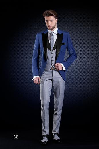 ONGala 1349 - Giacca uomo blu elettrico con pantaloni e gilet Principe di Galles