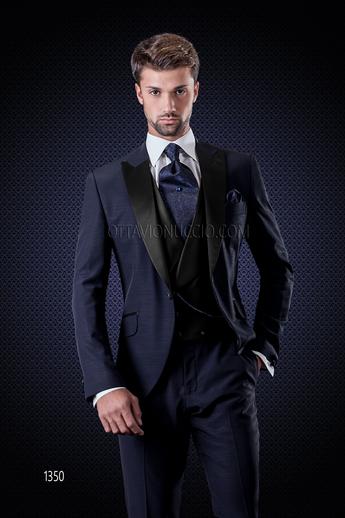 ONGala 1350 - Abito uomo blu scuro rever a contrasto con gilet doppiopetto sciallato
