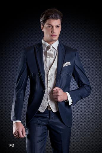 ONGala 1351 - Abito cerimonia uomo blu con gilet damascato bianco