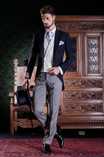 ONGala 1352 - Abito da sposo blu scuro, pantalone rigato e gilet avorio