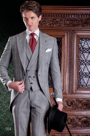 ONGala 1354 - Abito da sposo grigio Principe di Galles con gilet doppiopetto asimmetrico