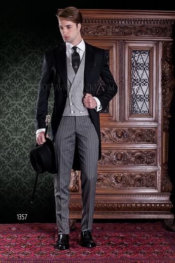 ONGala 1357 - Giacca Tight nera, pantalone rigato e gilet doppiopetto Principe di Galles