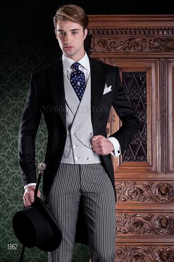 ONGala 1362 - Tight nero per sposo, pantalone rigato e gilet grigio
