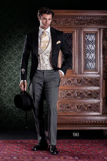 ONGala 1363 - Abito sposo Tight nero, pantalone rigato e gilet doppiopetto in seta avorio