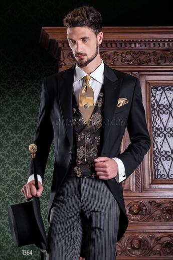 ONGala 1364 - Tight nero, pantalone rigato e gilet doppiopetto nero oro