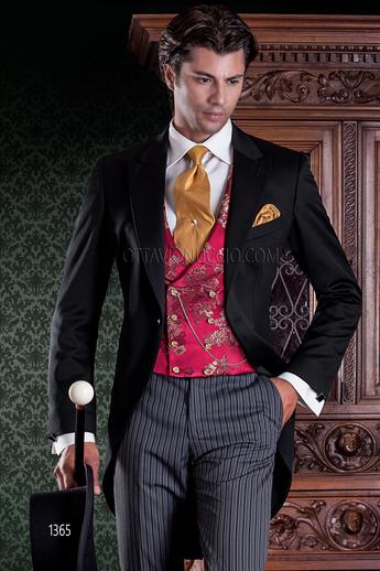 ONGala 1365 - Vestito da sposo Tight nero, pantalone rigato e gilet rosso e oro