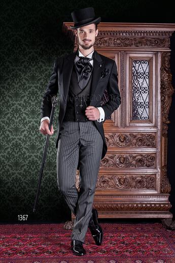ONGala 1367 - Vestito da sposo Tight nero, pantalone rigato e gilet doppiopetto sciallato
