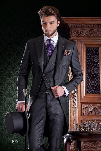 ONGala 1370 - Tight grigio con gilet sciallato doppiopetto a tono