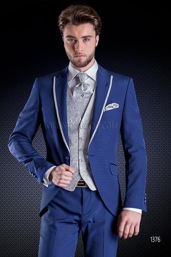 ONGala 1376 - Abito da cerimonia uomo blu elettrico profili a contrasto con gilet grigio perla