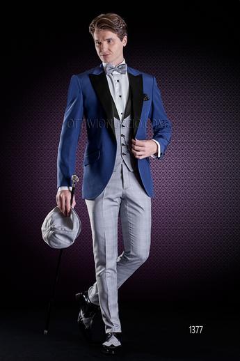 ONGala 1377 - Giacca uomo blu elettrico rever nero gilet e pantalone Principe di Galles
