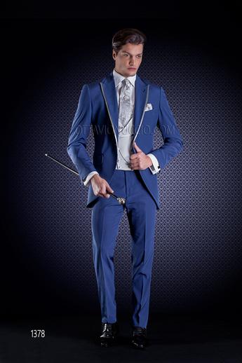 ONGala 1378 - Abito da sposo blu elettrico con gilet doppiopetto grigio perla damascato