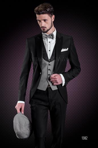 ONGala 1382 - Abito cerimonia uomo nero rever in raso con gilet pied-de-poule