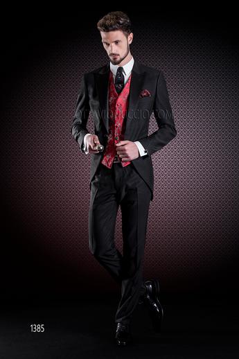 ONGala 1385 - Abito sposo nero rever in raso con gilet in seta rosso damascato