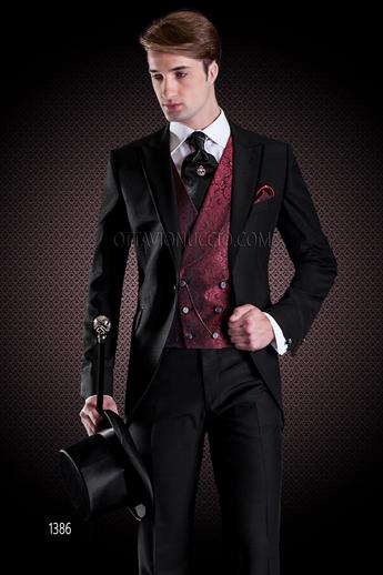 ONGala 1386 - Abito nero da cerimonia uomo con gilet doppiopetto rosso damascato