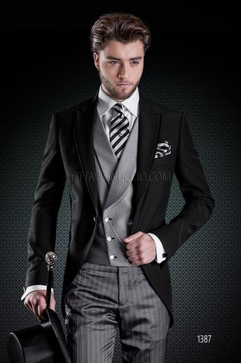 ONGala 1387 - Giacca sposo nera pantalone grigio e gilet doppiopetto grigio