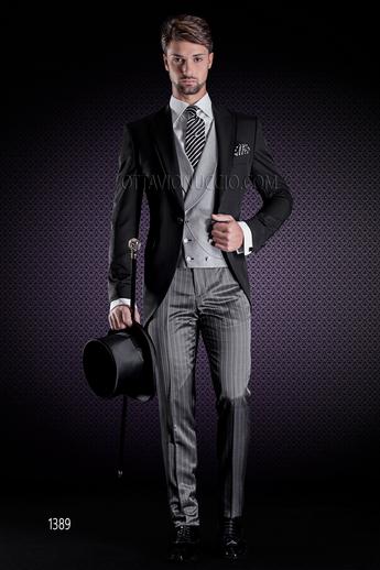 ONGala 1389 - Giacca sposo nera con pantalone a righe e gilet doppiopetto grigio perla