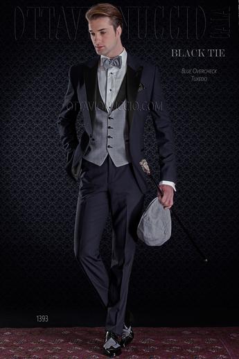 ONGala 1393 - Abito cerimonia uomo blu rever nero e gilet grigio in pura lana