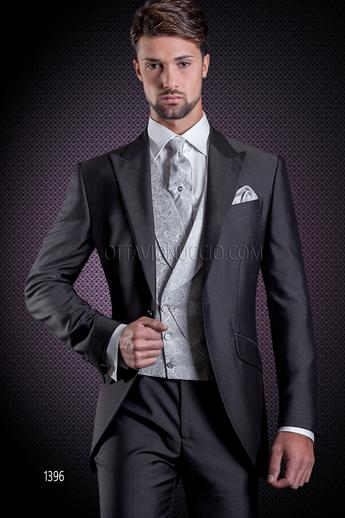 ONGala 1396 - Abito sposo grigio gilet doppiopetto grigio perla damascato