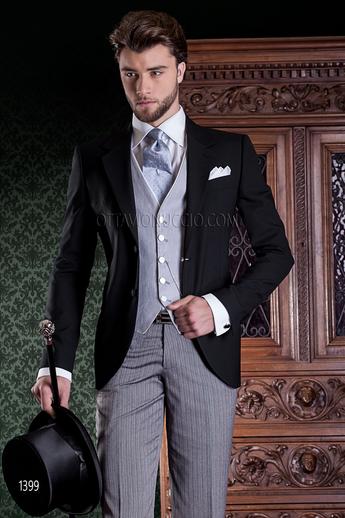 ONGala 1399 - Abito da cerimonia uomo nero, pantalone rigato e gilet grigio perla