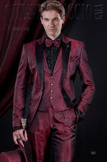 ONGala 1401 - Abito sposo particolare damascato rosso con rever nero