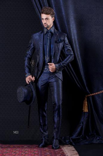 ONGala 1403 - Abito Sposo Barocco giacca slim damascata blu