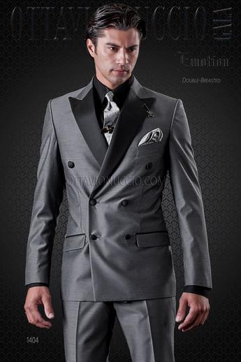 ONGala 1404 - Abito moda uomo doppiopetto grigio con rever nero
