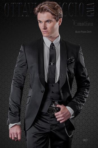 ONGala 1407 - Abito moda uomo nero pois neri con collo sciallato raso