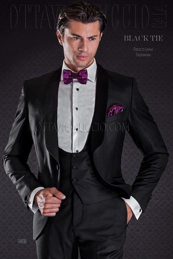 ONGala 1408 - Smoking sposo nero fresco lana tasmania con gilet a tono