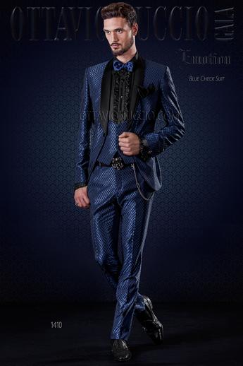 ONGala 1410 - Abito uomo moda blu a scacchi con collo sciallato raso