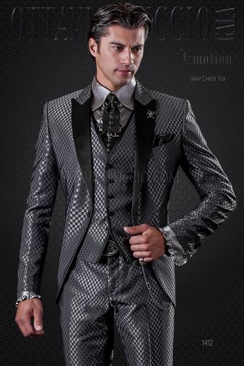 ONGala 1412 - Abito moda uomo grigio a scacchi con collo a contrasto in raso