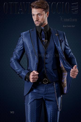ONGala 1413 - Abito moda uomo bluette a scacchi con collo a contrasto