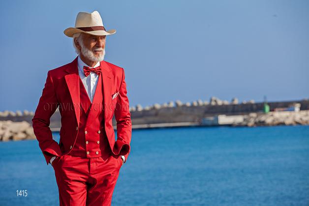 ONGala 1415 - Abito uomo stile hipster in cotone rosso con gilet doppiopetto a tono
