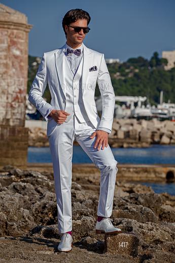 ONGala 1417 - Abito uomo stile hipster in cotone bianco con gilet a tono