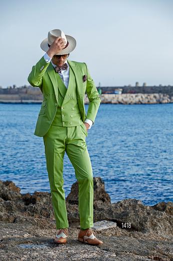 ONGala 1418 - Abito stile hipster in cotone verde chiaro con gilet doppiopetto a tono