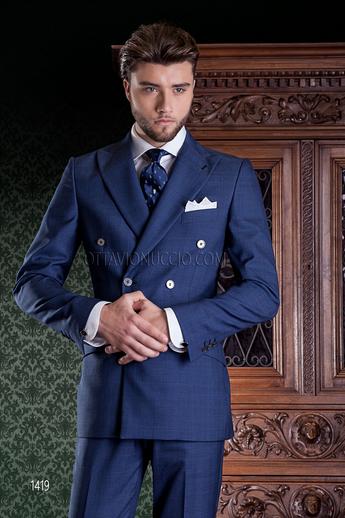 ONGala 1419 - Abito doppiopetto classico blu marino in misto lana Principe di Galles