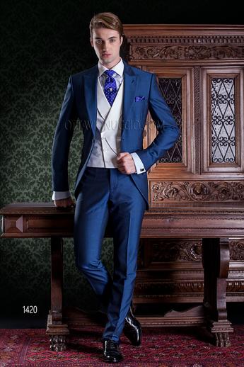 ONGala 1420 - Abito da sposo blu marine con gilet doppiopetto avorio