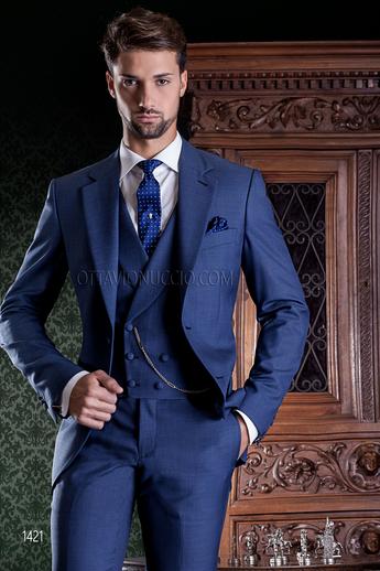 ONGala 1421 - Abito da cerimonia blu in misto lana con gilet doppiopetto sciallato a tono