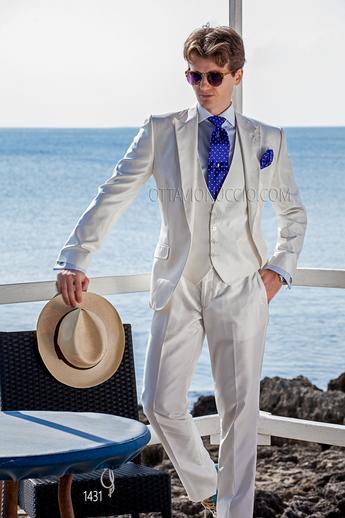 ONGala 1431 - Abito bianco stile hipster in shantung di misto seta con gilet a tono