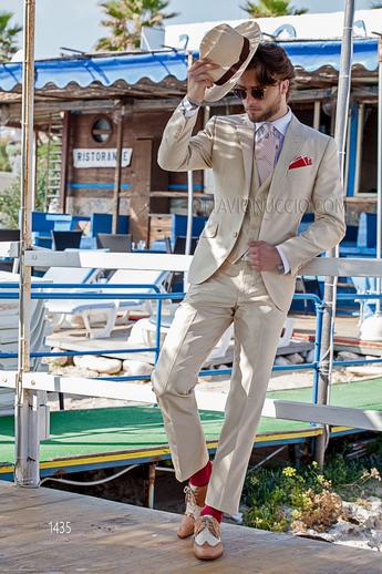ONGala 1435 - Abito matrimonio stile hipster beige con gilet a tono