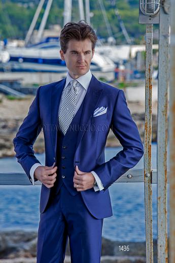 ONGala 1436 - Abito blu elettrico stile hipster in shantung di misto seta con gilet