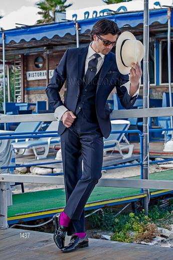 ONGala 1437 - Abito uomo stile hipster blu in misto shantung di seta con gilet