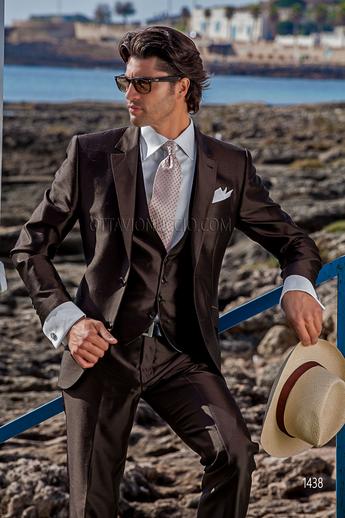 ONGala 1438 - Abito marrone stile hipster in shantung di misto seta con gilet