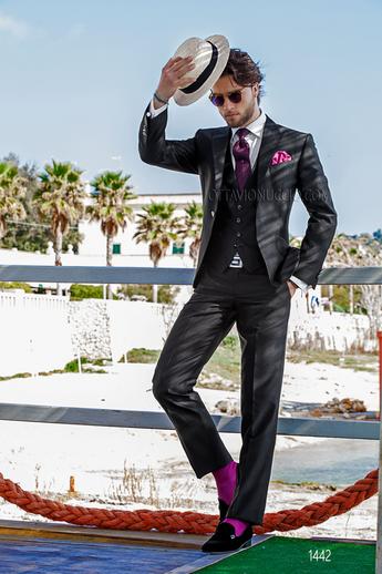 ONGala 1442 - Abito stile hipster nero in shantung di misto seta con gilet