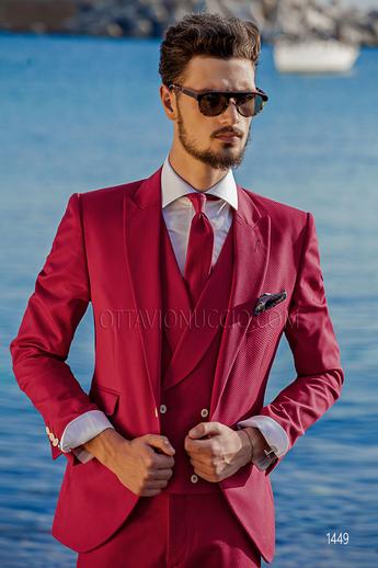 ONGala 1449 - Abito uomo fucsia stile hipster in piquet di cotone con gilet doppiopetto