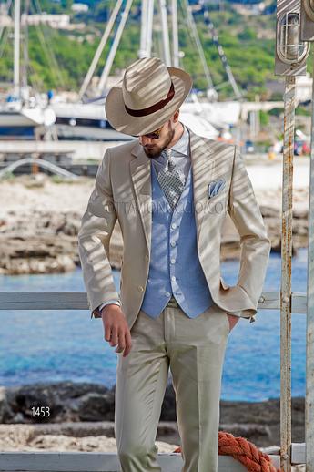 ONGala 1453 - Abito stile hipster beige in cotone con gilet celeste