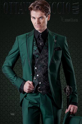 ONGala 1466 - Abito uomo moda verde profili a contrasto e gilet damascato